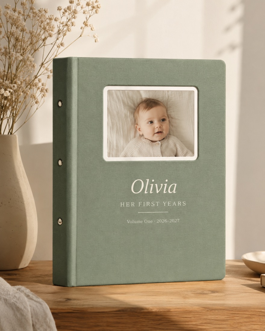 A personalised Keepsly album — Olivia, Her First Years — on a table