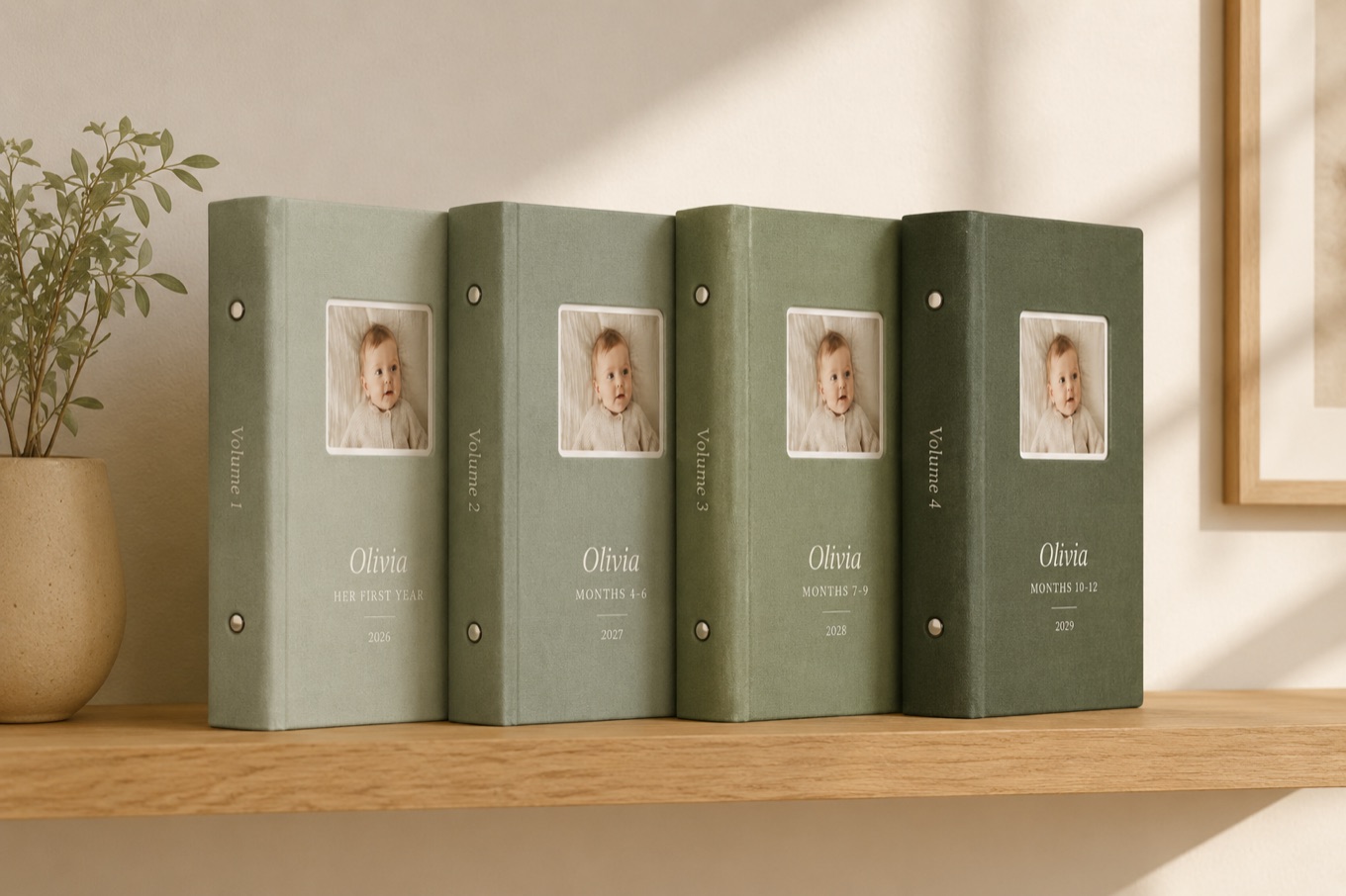 A row of Keepsly albums in graduated sage tones, Volume One to Four, on a shelf