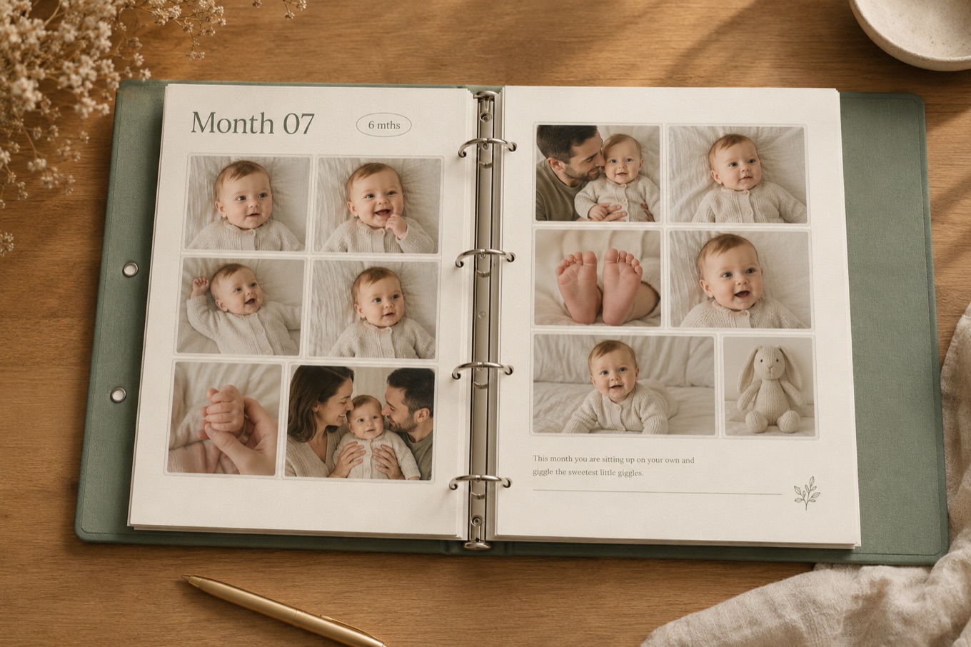 An open Keepsly album showing one month as a two-page spread